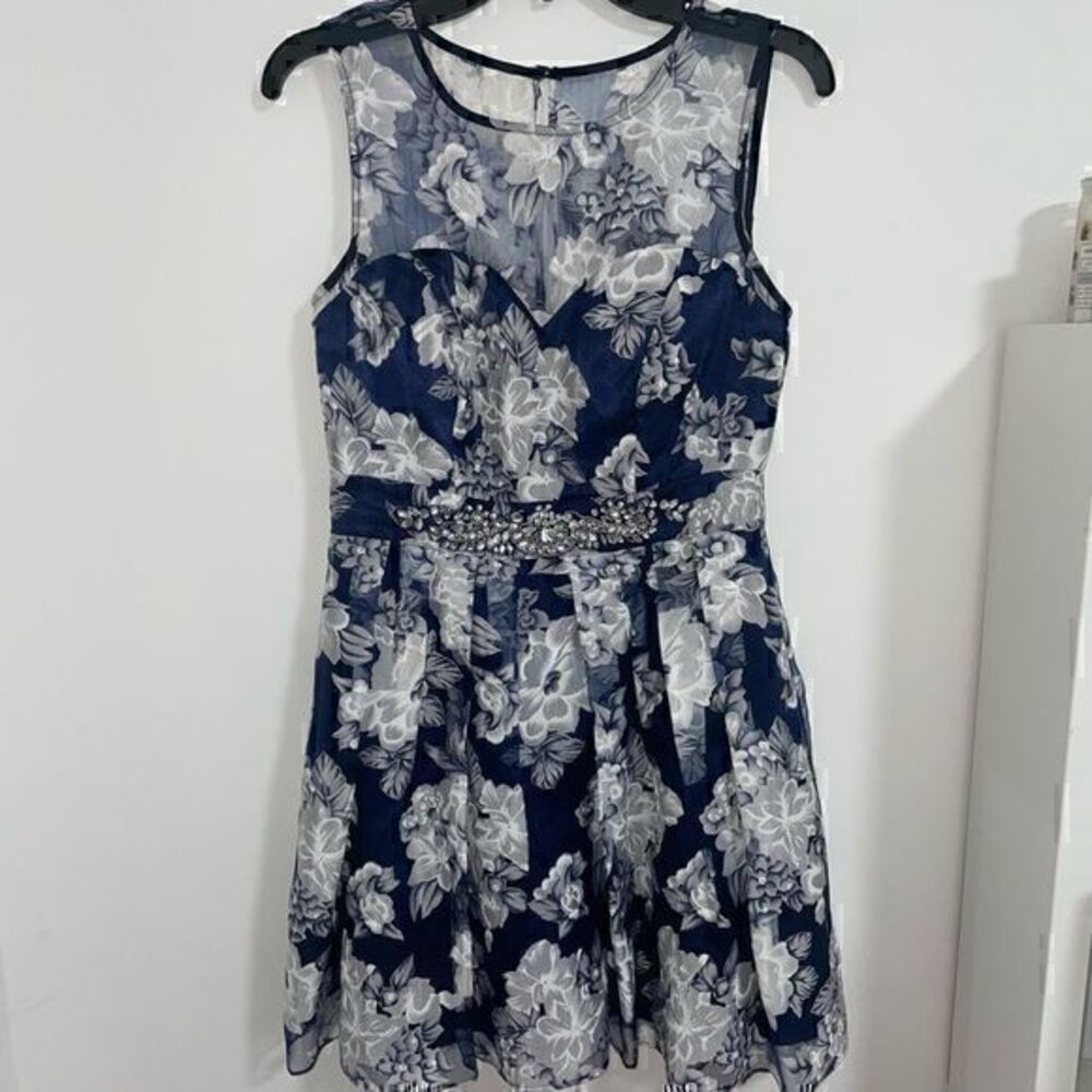 Blue and navy juniors short A line dress with floral print and beaded waist